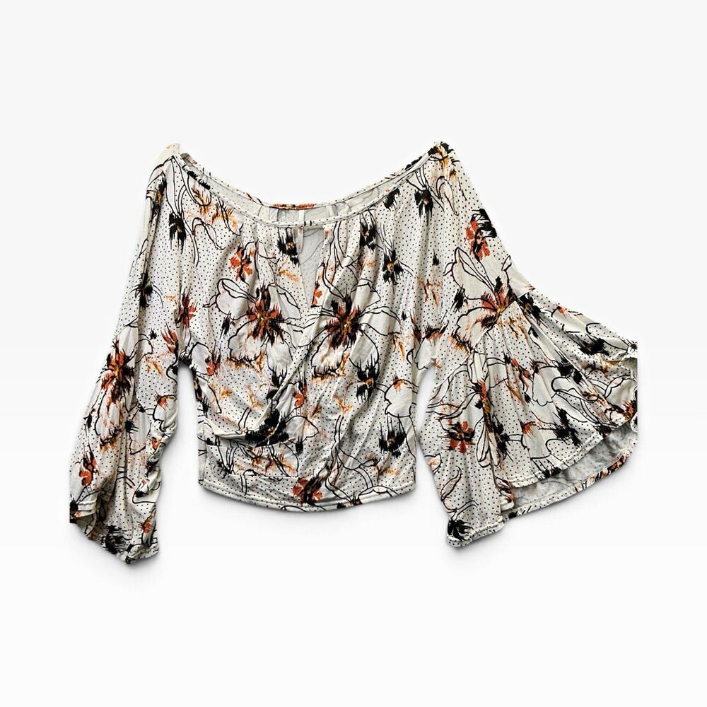 Free People Women’s Size S White Floral Off Shoulder Bell Sleeve Cropped Blouse